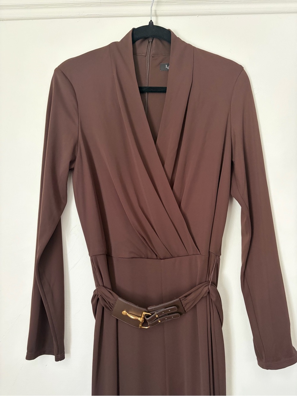 Ralph Lauren Horsebit Belted Surplice Jersey Jumpsuit Chocolate Brown Sz 10 - Picture 9 of 12